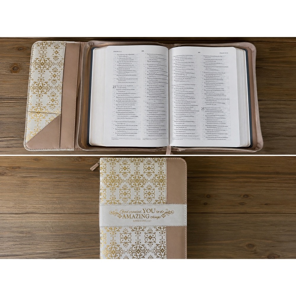 Ephesians 2:10 Bible‎ Cover Case Gold Damask Faux Leather Rose Gold Zippered L